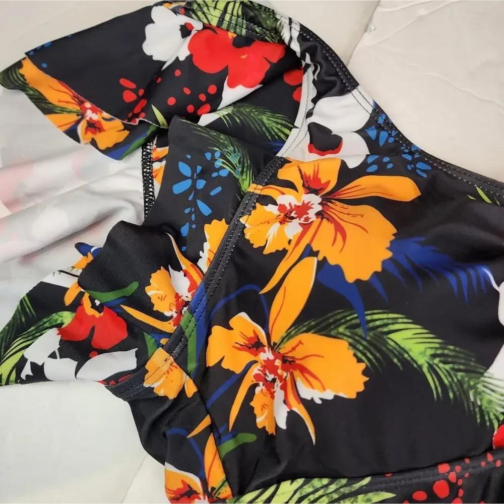 Edel‎ Qual New One Piece Ruffle Swimsuit Tummy Control Monokini 202 Tropical L